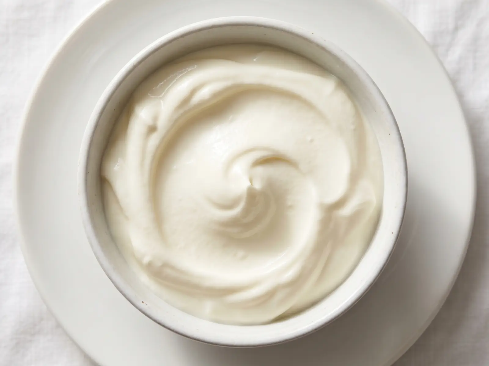 probiotischer joghurt Cremiger Joghurt mit weicher Oberfläche und sichtbarem Wirbel in einem weißen Teller bei hellem Licht.