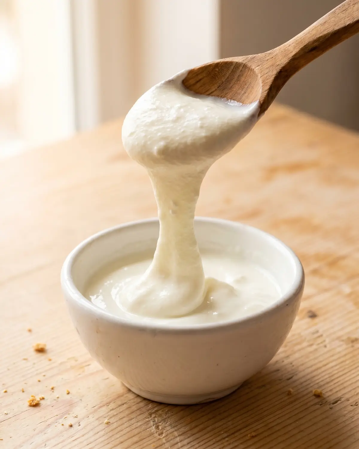 joghurt selber machen Holzlöffel hebt cremigen Joghurt an, während ein elastischer Faden langsam zurück in die Schale fällt.