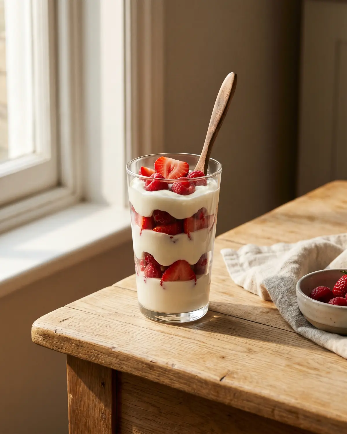 original griechischer joghurt wo kaufen Ein hohes Glas mit geschichtetem Joghurt-Parfait, roten Früchten und cremigen Lagen für Frühstück oder Dessert.