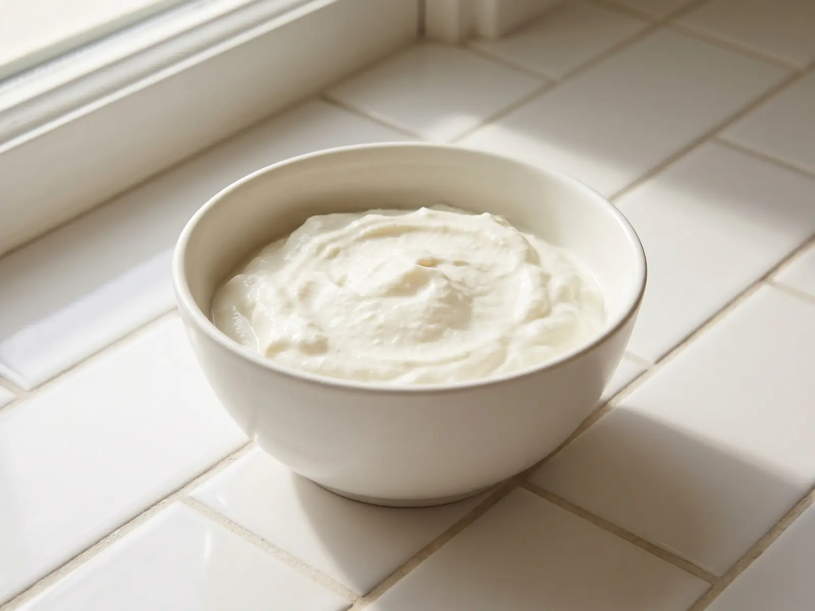Wei&szlig;er Naturjoghurt in einer hellen Schale auf wei&szlig;en Fliesen mit weichem Fensterschatten.