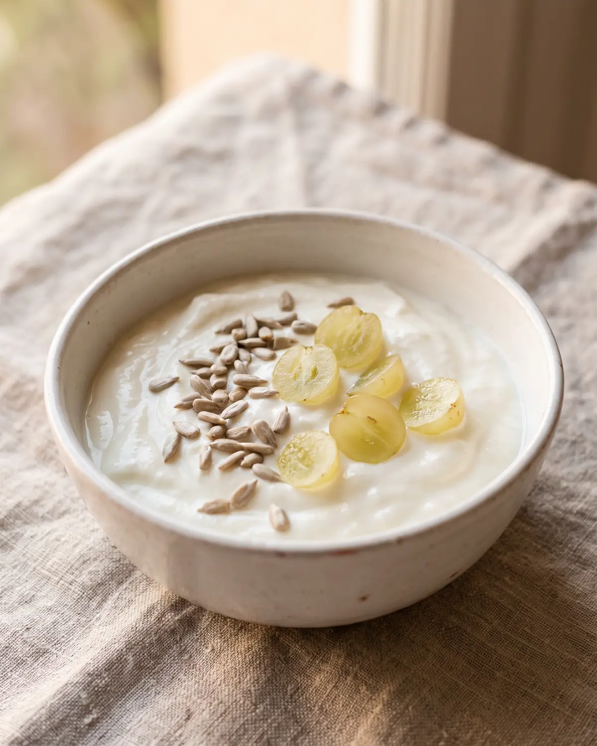 veganer joghurt mit lebenden kulturen Joghurt mit Sonnenblumenkernen und halbierten weißen Trauben, daneben unscharf roher Leinsamen