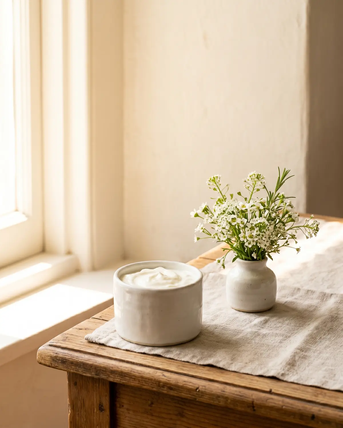 probiotischer joghurt Eine weiße Keramiktasse mit Joghurt steht neben kleinen Blumen im seitlichen Fensterlicht.