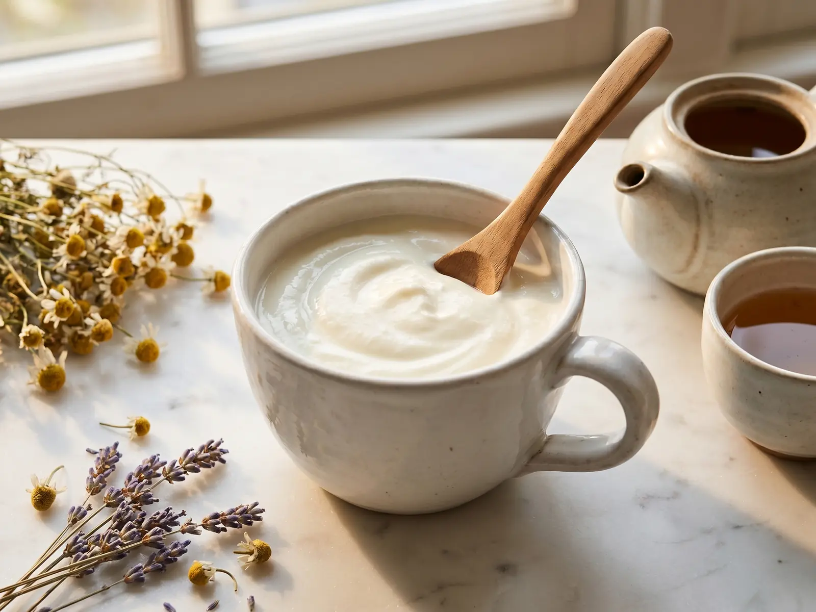 Cremiger Joghurt in einer wei&szlig;en Keramiktasse mit Trockenblumen und Tee auf hellem Marmor.