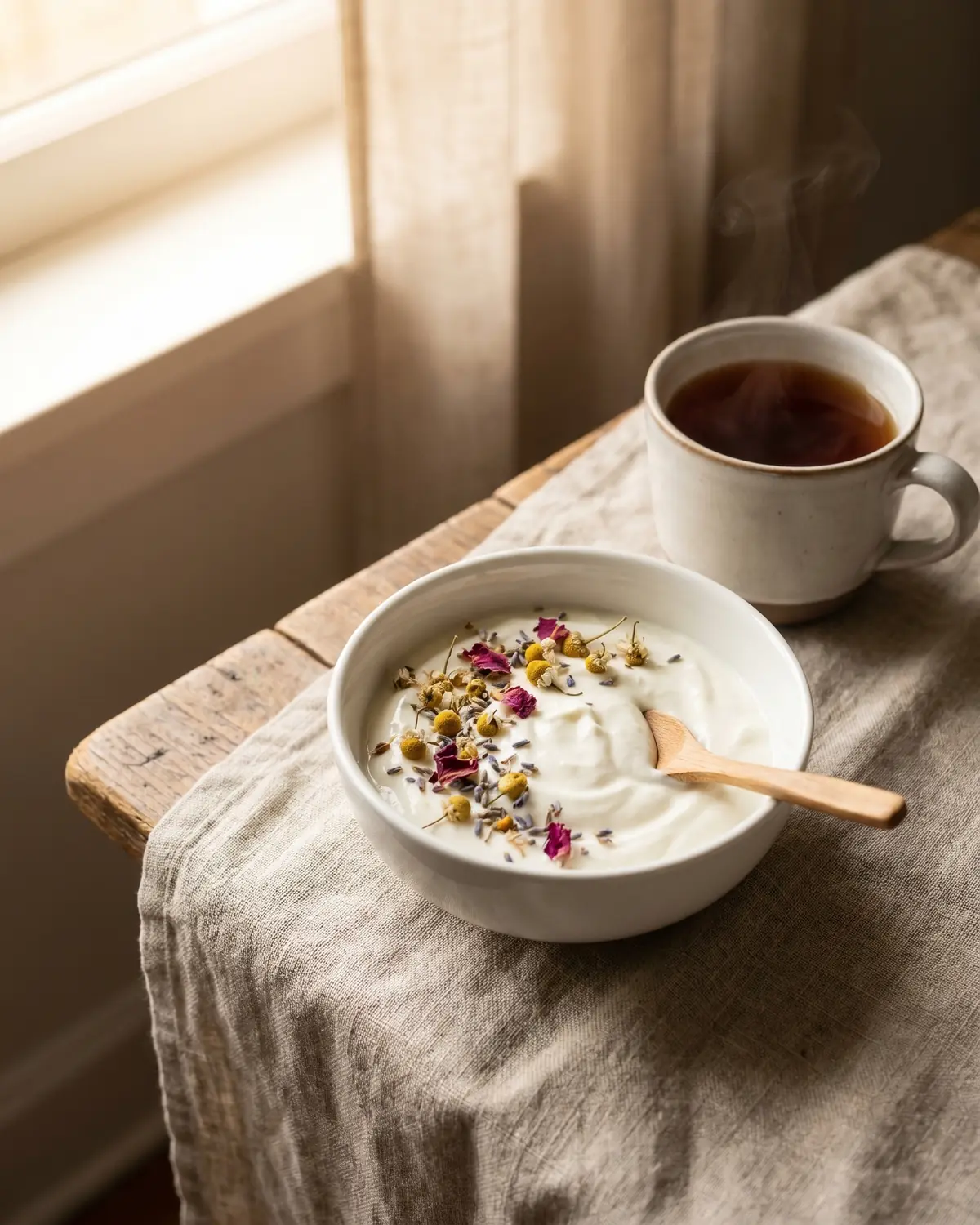 kefir joghurt gesund Eine Tasse Tee neben einer Schale Joghurt, getrockneten Blumen und hellem Leinen in ruhiger Szene.