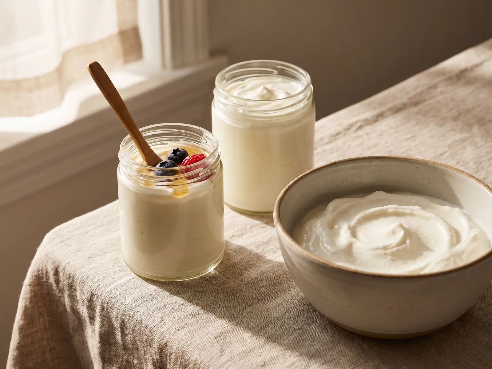 kefir vs skyr Zwei Gefäße mit cremigem Milchprodukt auf rohem Leinen, mit Glas und weißer Schale in ruhiger Szene.